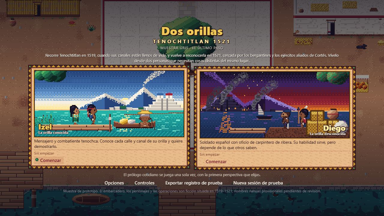 La pantalla de inicio de la muestra: Izel, la orilla conocida, y Diego, la orilla desconocida.